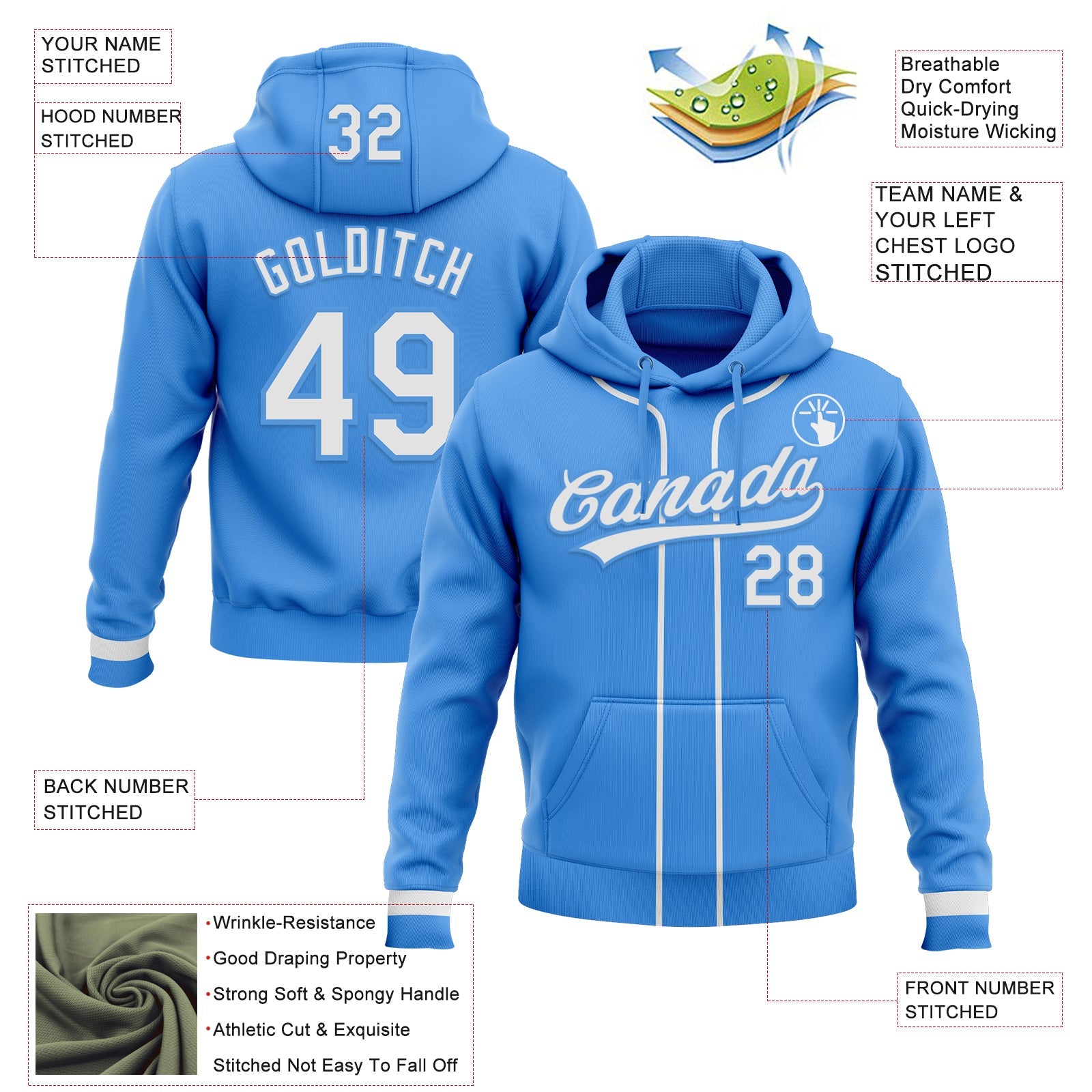 Custom Stitched Powder Blue White-Powder Blue Baseball Pullover Sweatshirt Hoodie