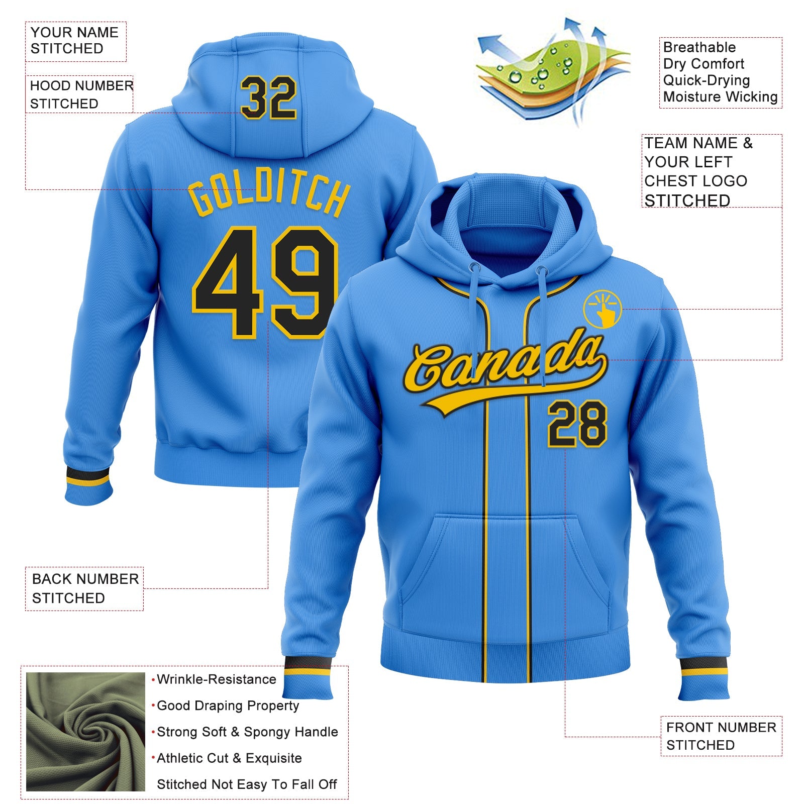 Custom Stitched Powder Blue Black-Yellow Baseball Pullover Sweatshirt Hoodie