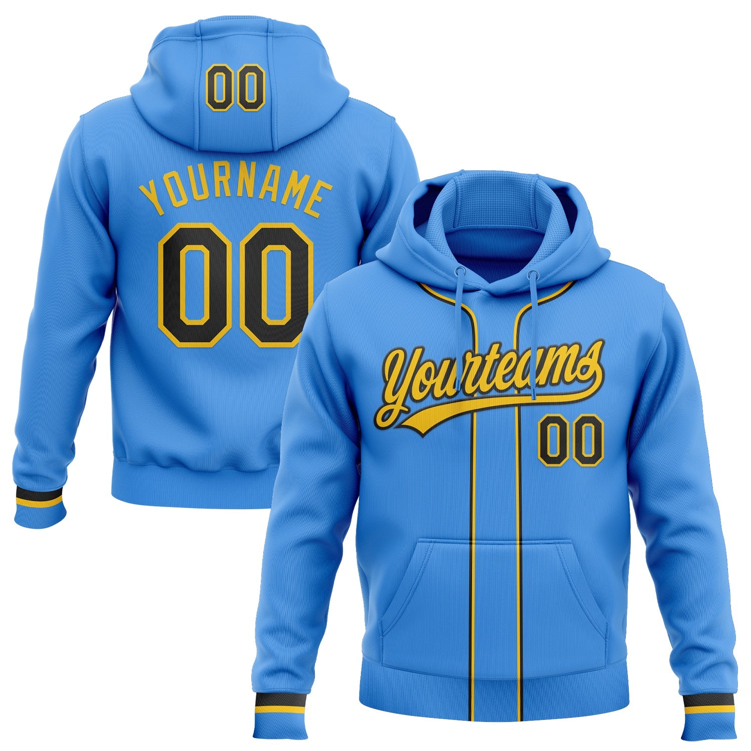 Custom Stitched Powder Blue Black-Yellow Baseball Pullover Sweatshirt Hoodie