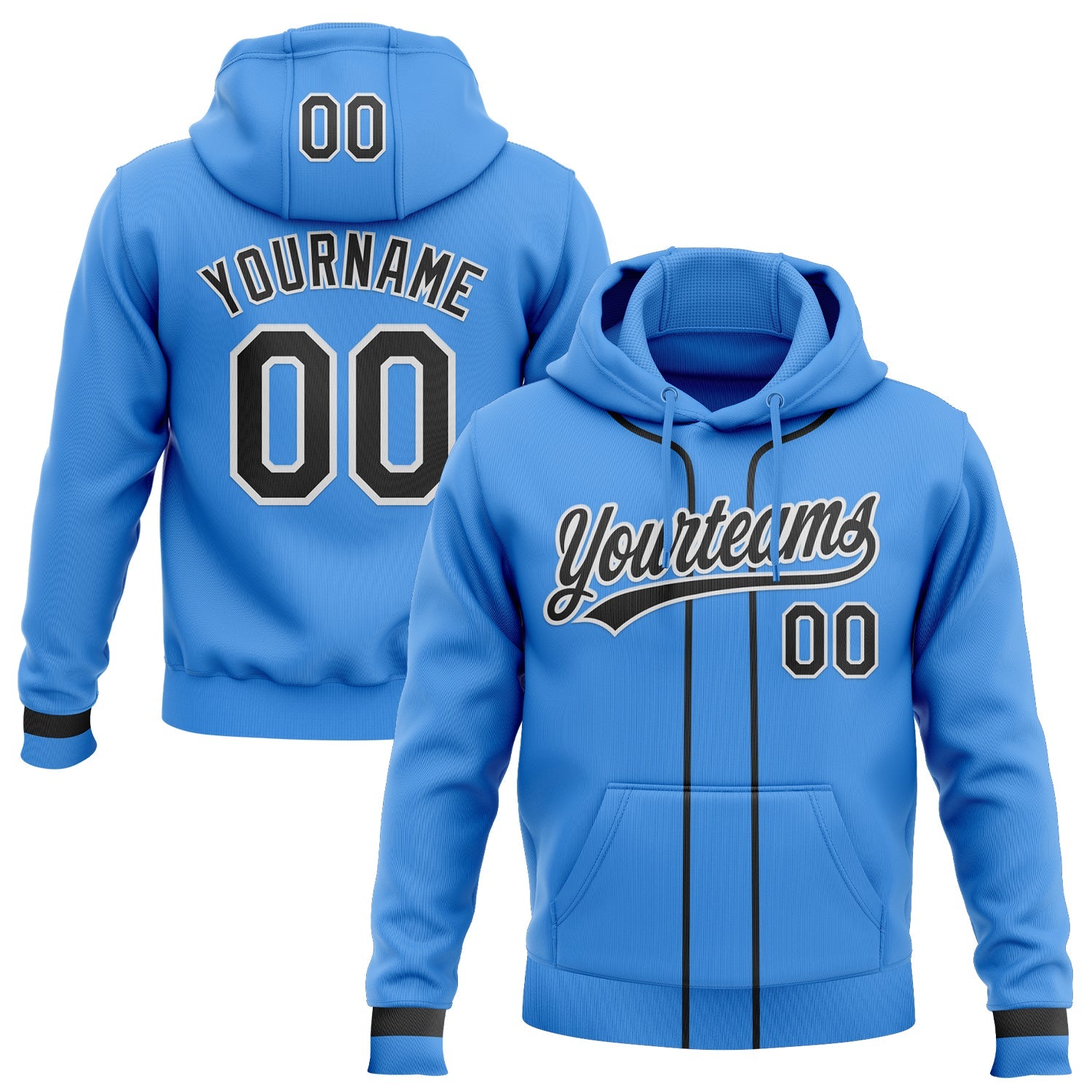 Custom Stitched Powder Blue Black-White Baseball Pullover Sweatshirt Hoodie