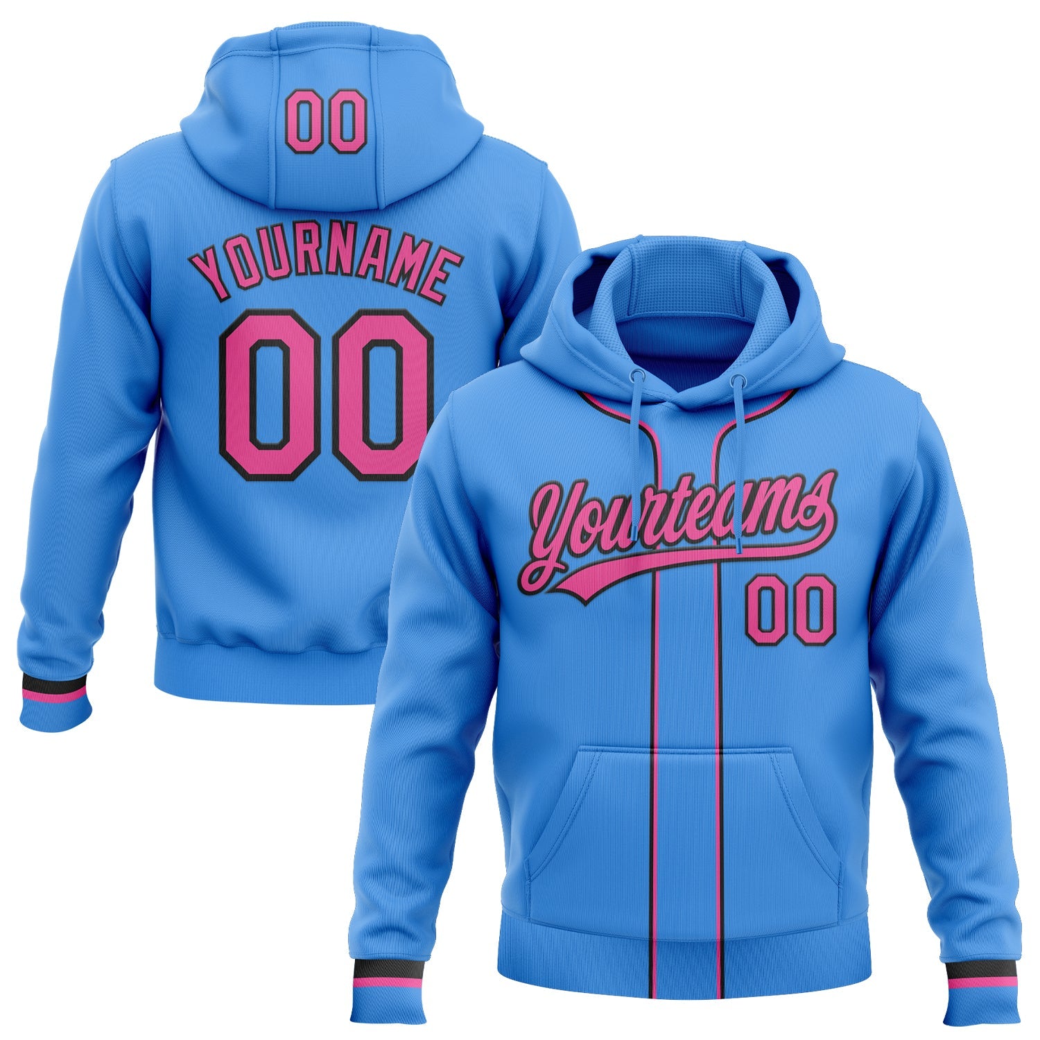 Custom Stitched Powder Blue Pink-Black Baseball Pullover Sweatshirt Hoodie