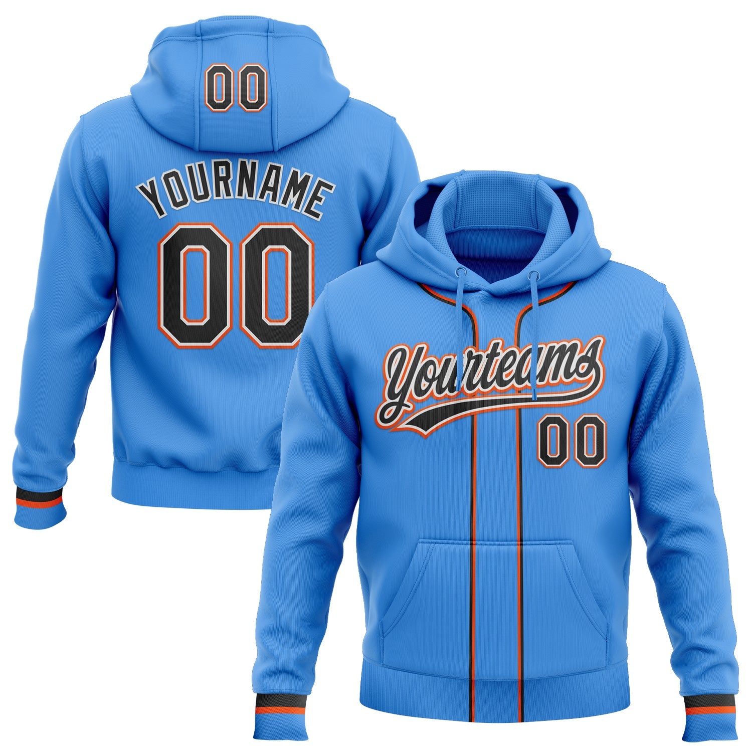 Custom Stitched Powder Blue Black Orange-White Baseball Pullover Sweatshirt Hoodie