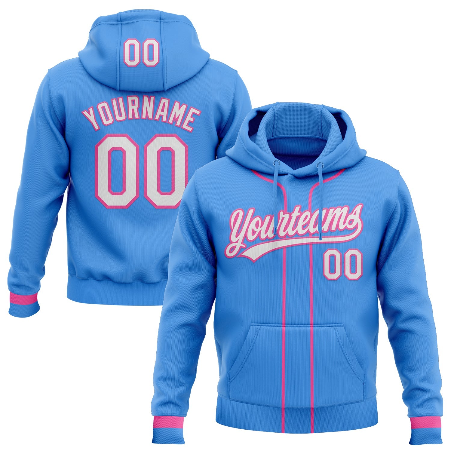 Custom Stitched Powder Blue White-Pink Baseball Pullover Sweatshirt Hoodie