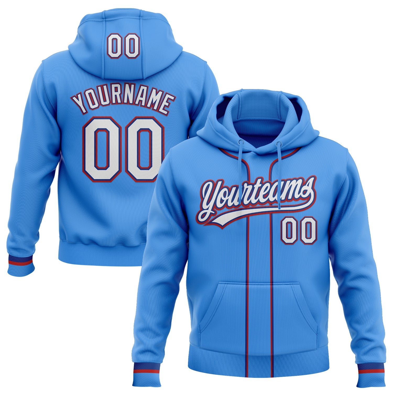 Custom Stitched Powder Blue White Royal-Red Baseball Pullover Sweatshirt Hoodie