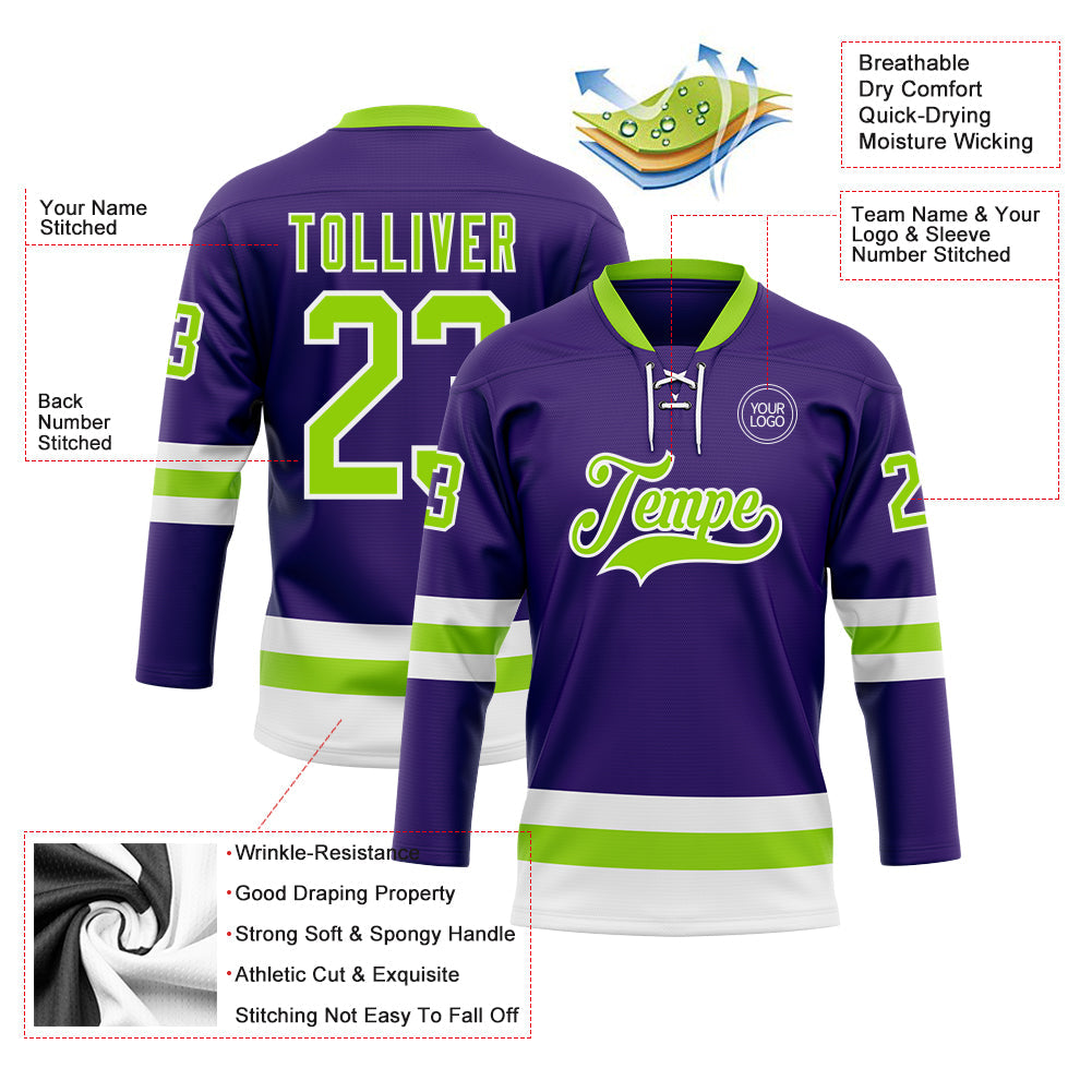 Custom Purple Neon Green-White Hockey Lace Neck Jersey