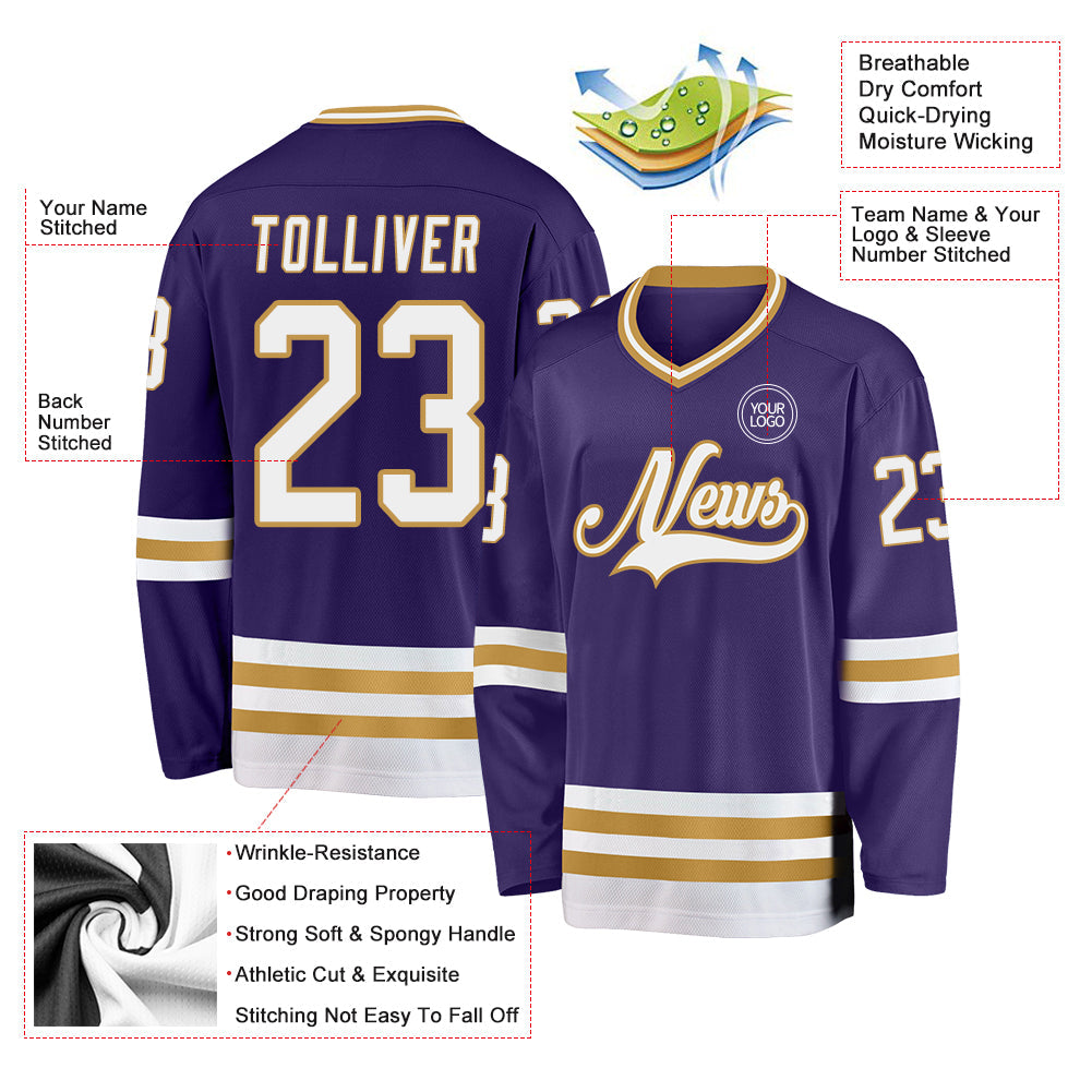 Custom Purple White-Old Gold Hockey Jersey
