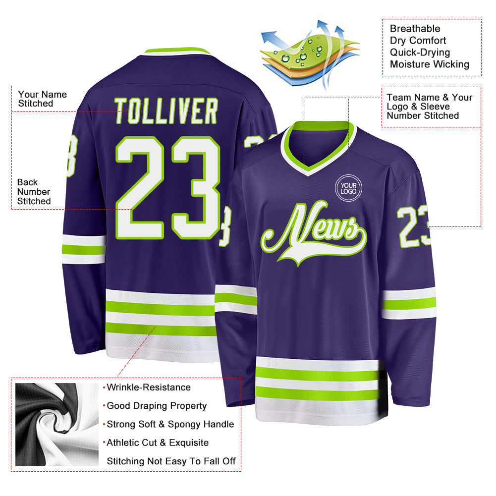 Custom Purple White-Neon Green Hockey Jersey