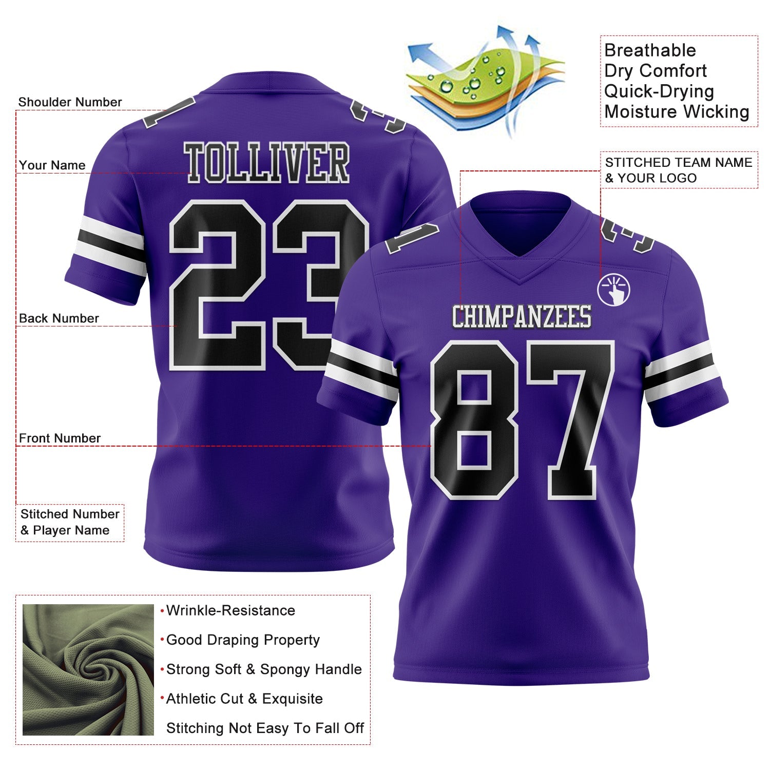 Custom Purple Black-White Authentic Football Jersey