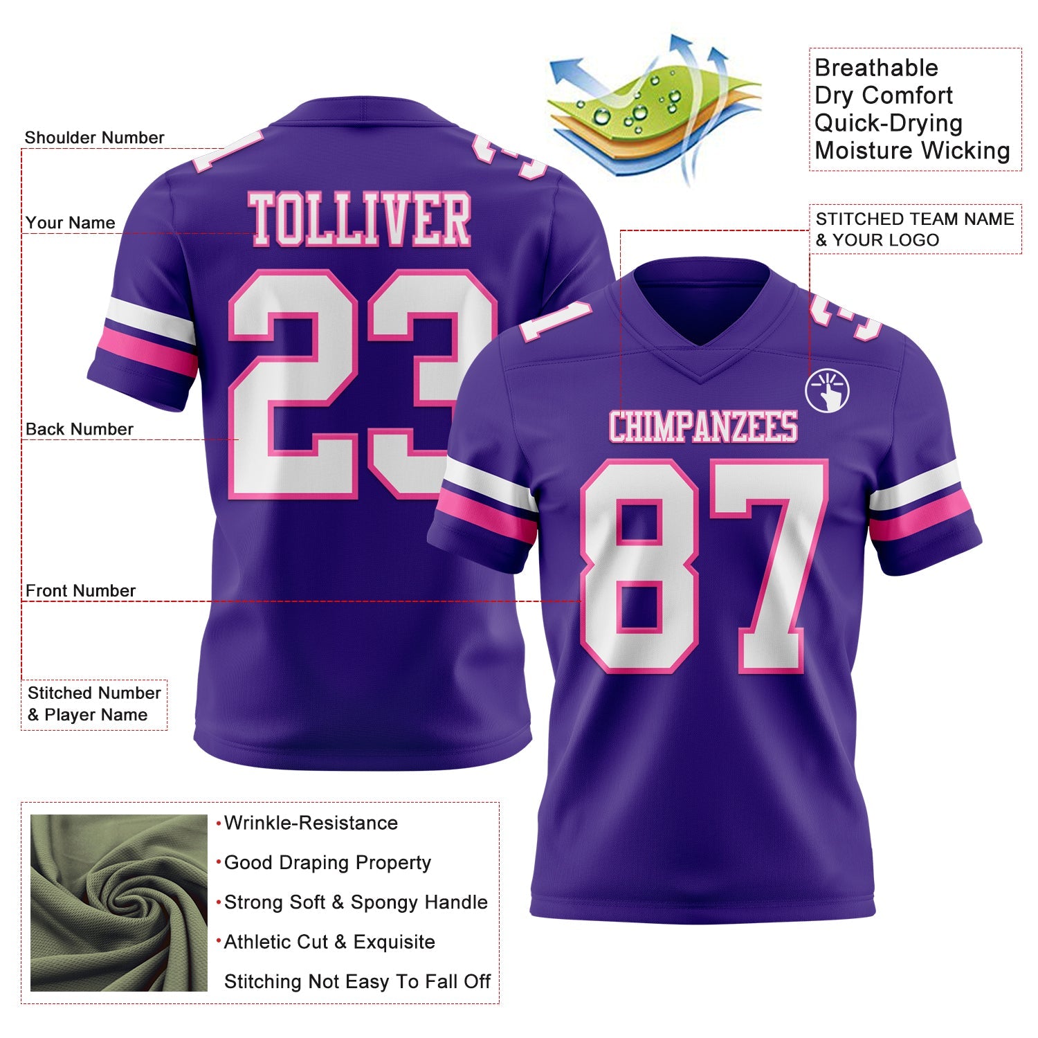 Custom Purple White-Pink Authentic Football Jersey
