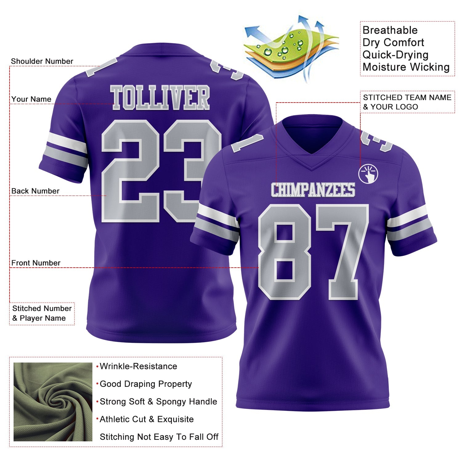 Custom Purple Gray-White Authentic Football Jersey