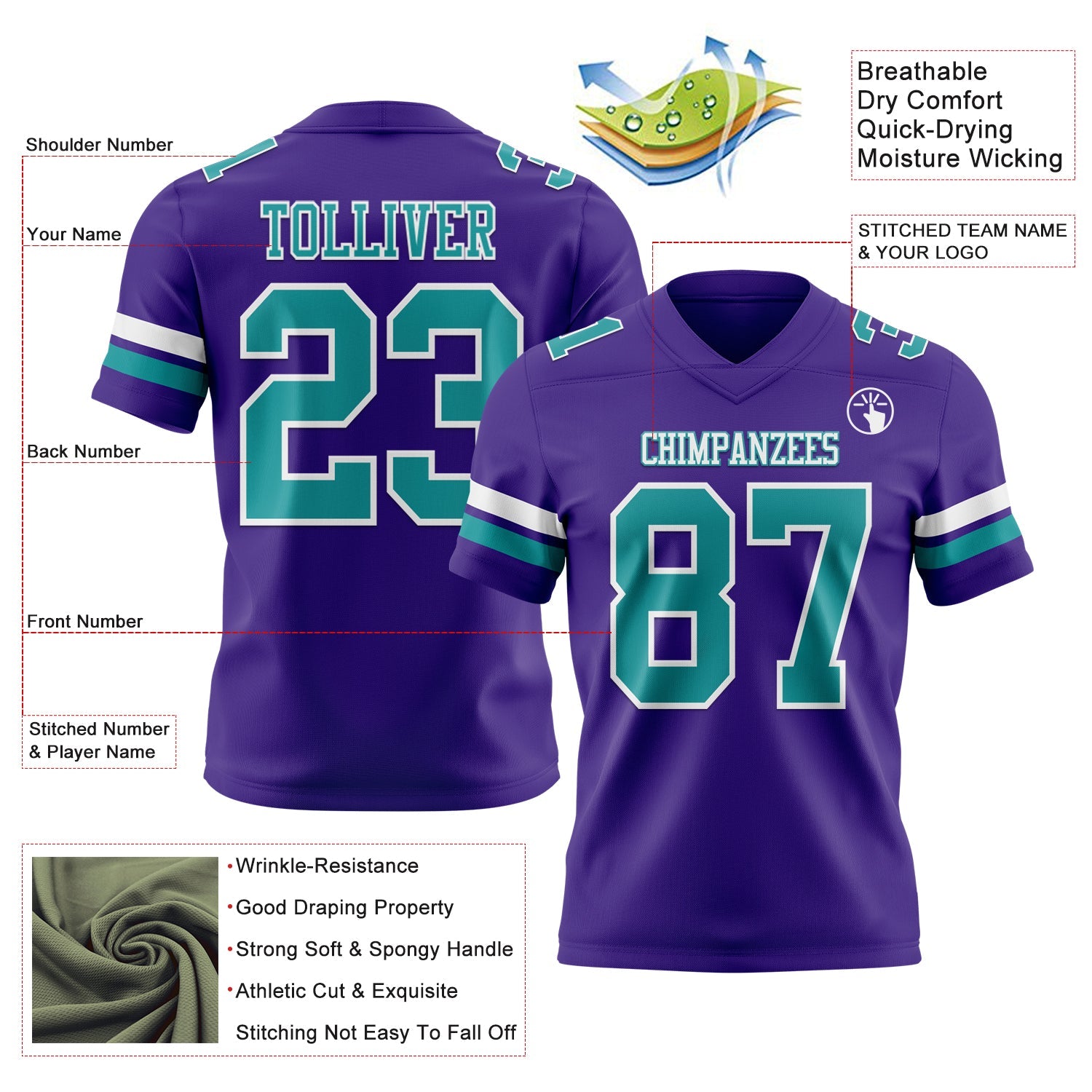 Custom Purple Teal-White Authentic Football Jersey