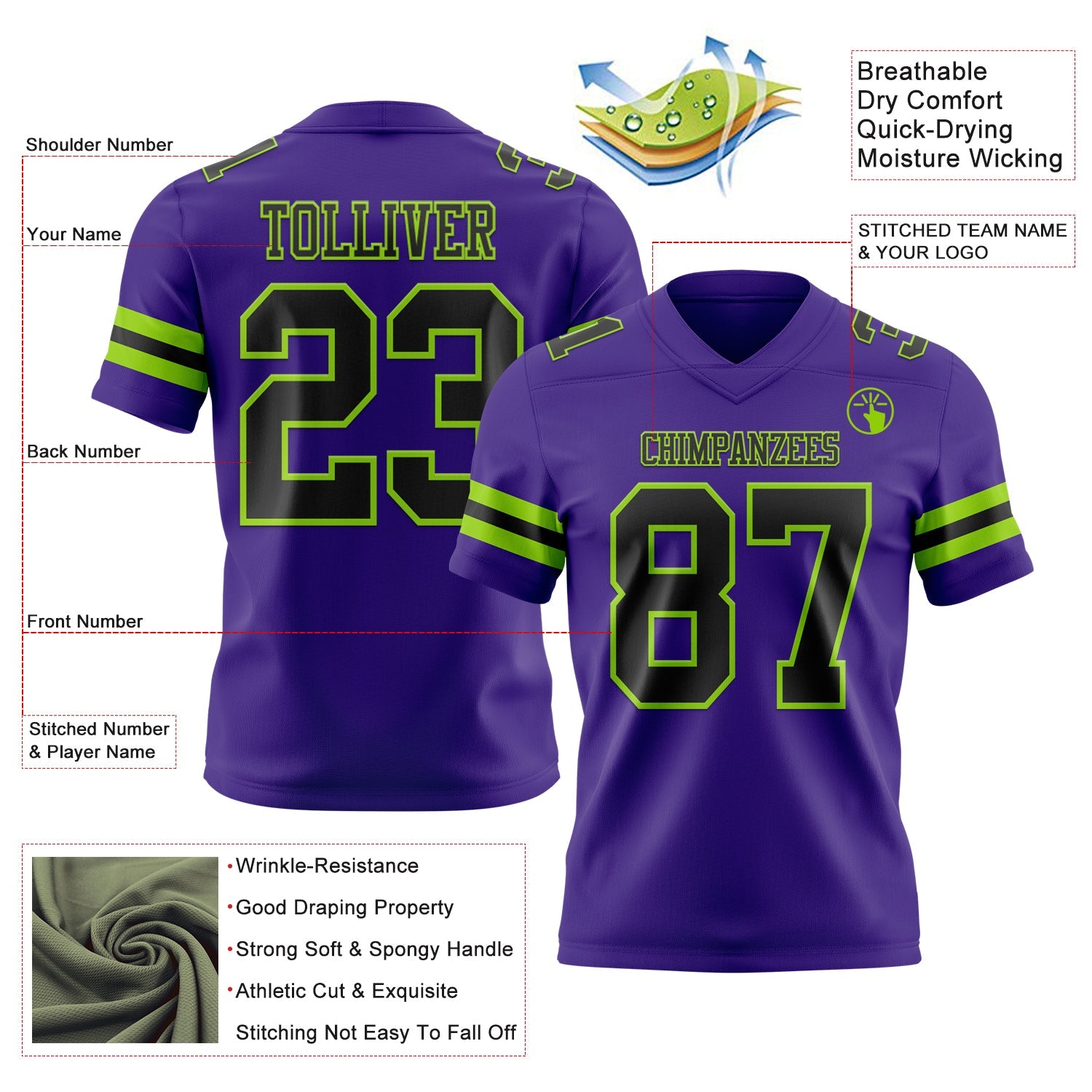 Custom Purple Black-Neon Green Authentic Football Jersey