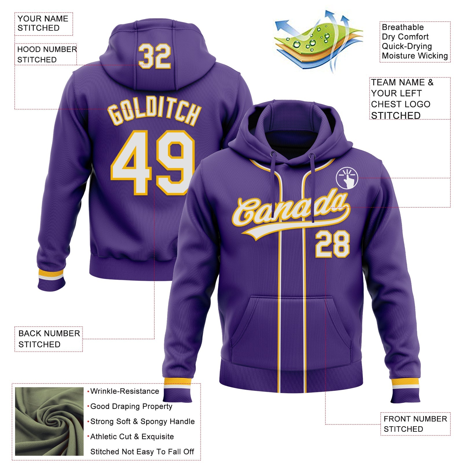 Custom Stitched Purple White-Gold Baseball Pullover Sweatshirt Hoodie