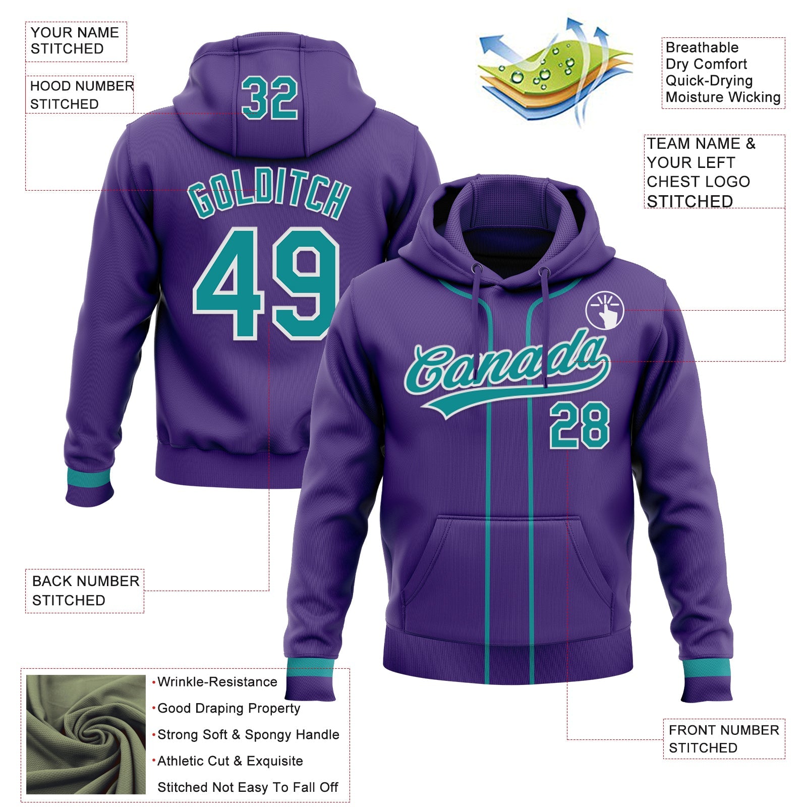 Custom Stitched Purple Teal-White Baseball Pullover Sweatshirt Hoodie