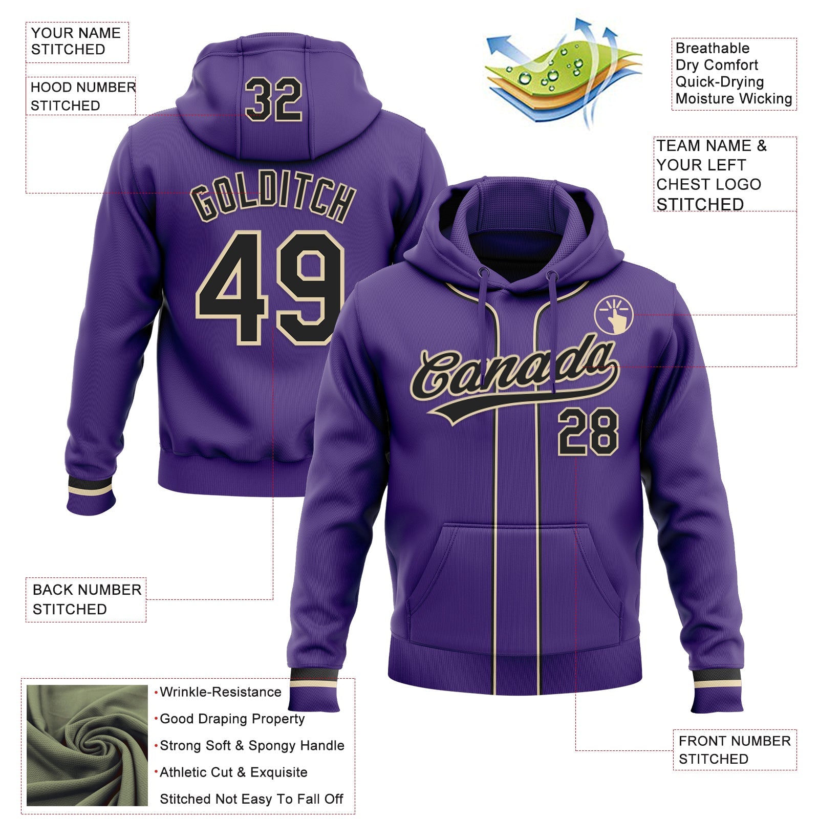 Custom Stitched Purple Black-Cream Baseball Pullover Sweatshirt Hoodie