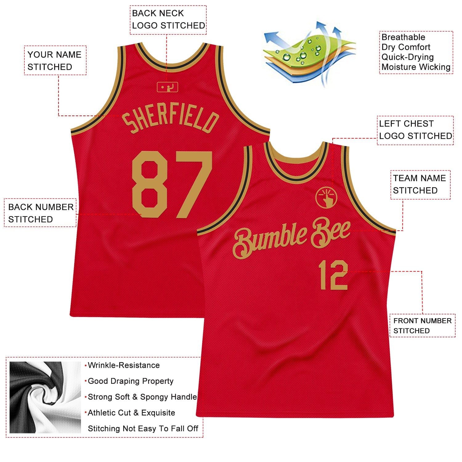 Custom Red Old Gold-Black Authentic Throwback Basketball Jersey