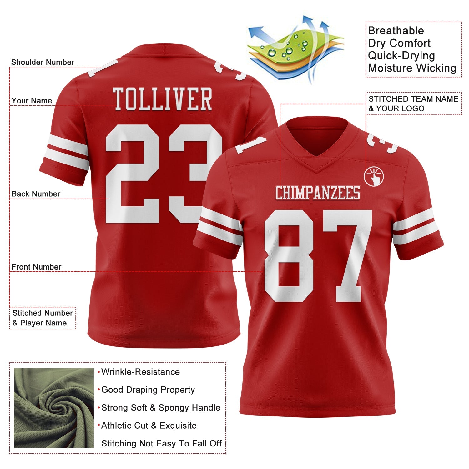 Custom Red White Authentic Football Jersey
