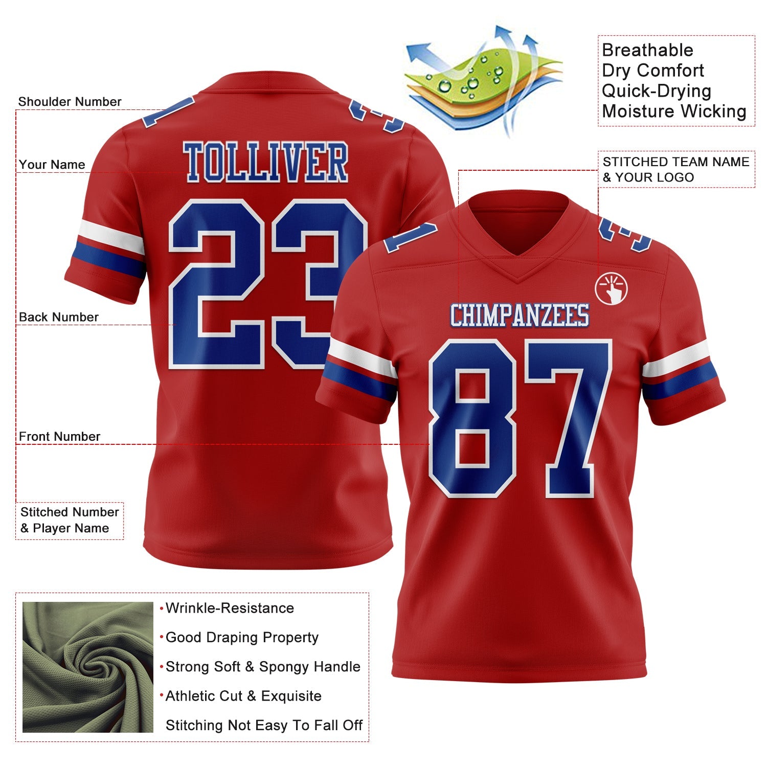 Custom Red Royal-White Authentic Football Jersey