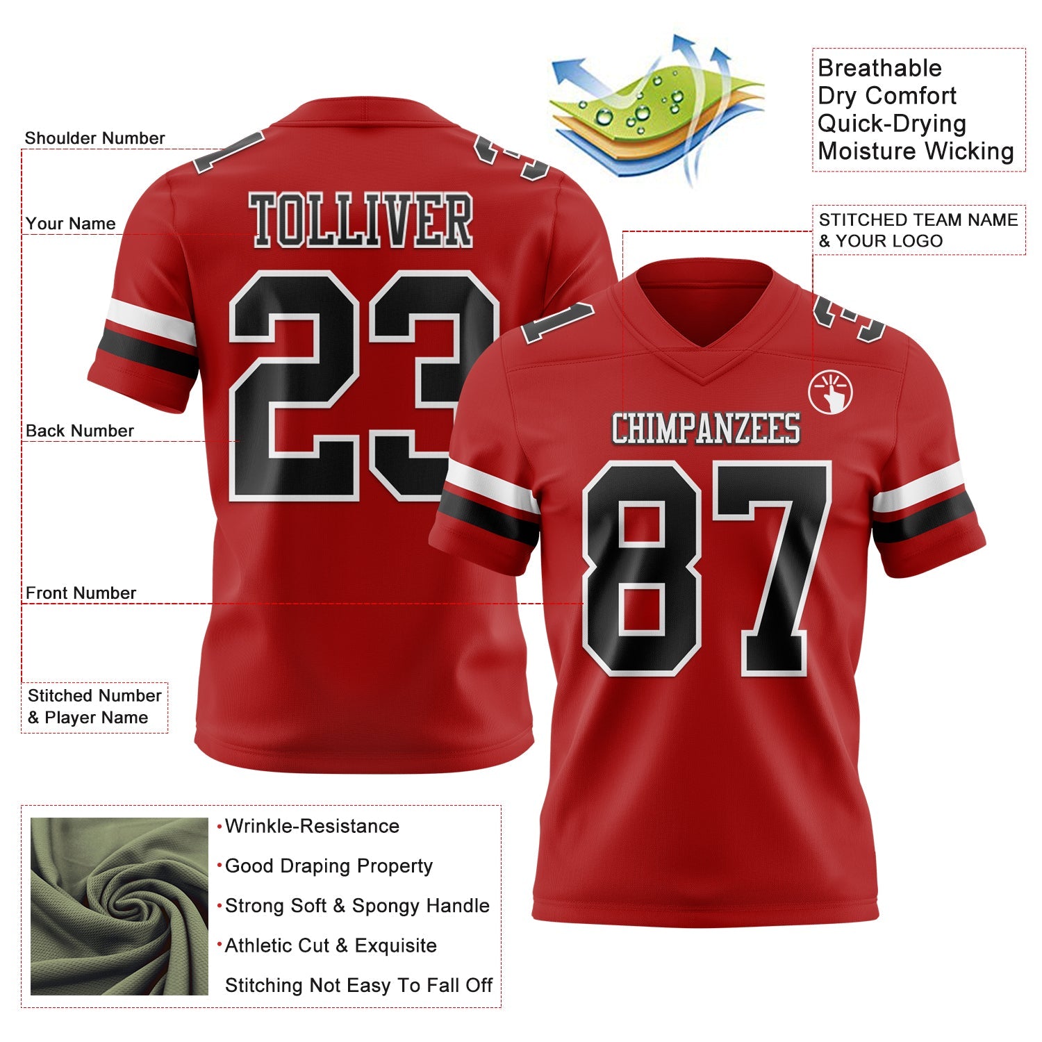 Custom Red Black-White Authentic Football Jersey