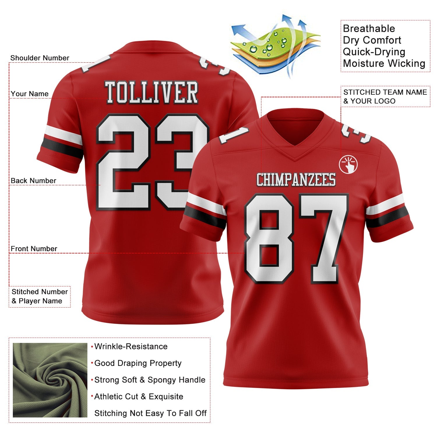 Custom Red White-Black Authentic Football Jersey