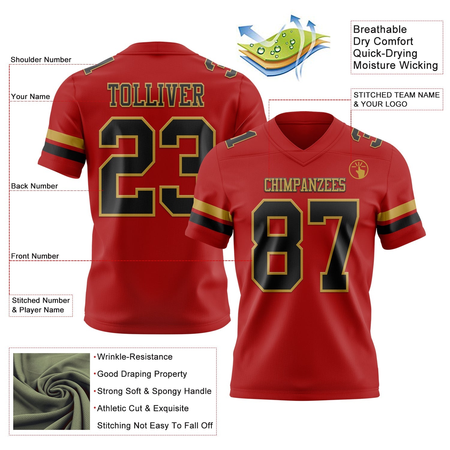Custom Red Black-Old Gold Authentic Football Jersey