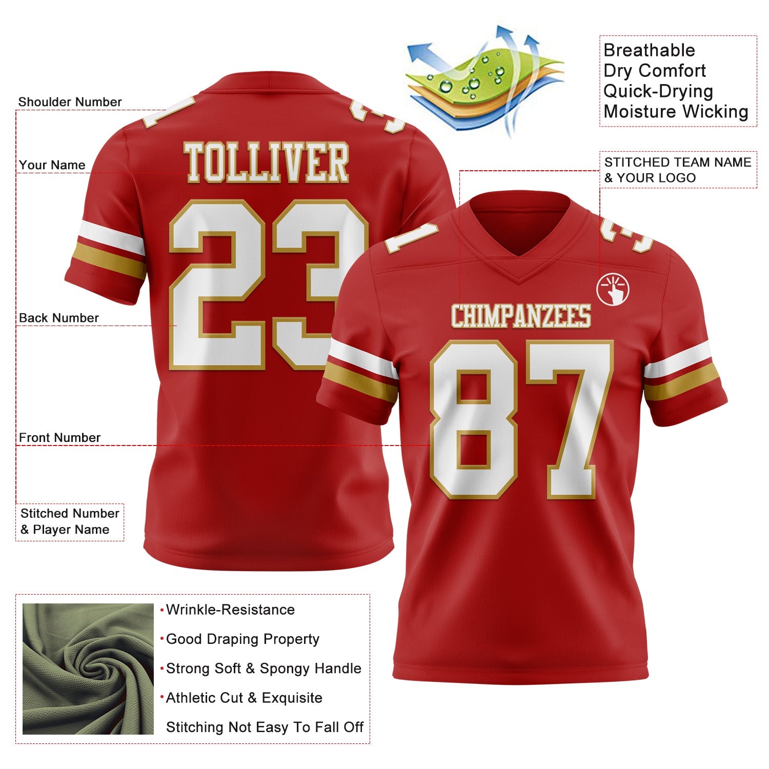 Custom Red White-Old Gold Authentic Football Jersey
