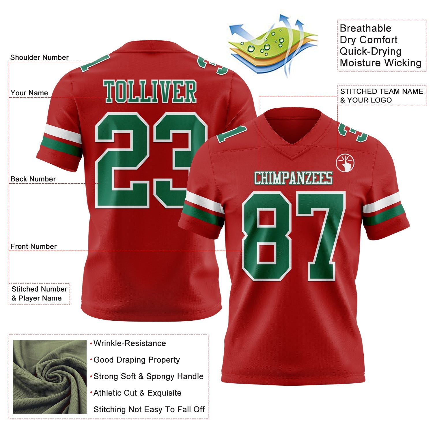 Custom Red Kelly Green-White Authentic Football Jersey