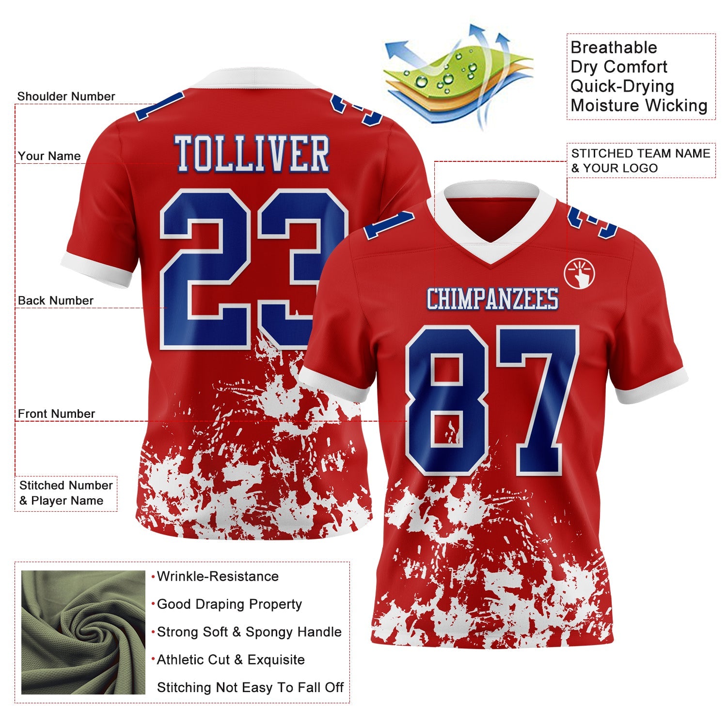 Custom Red Royal-White 3D Pattern Splash Authentic Football Jersey