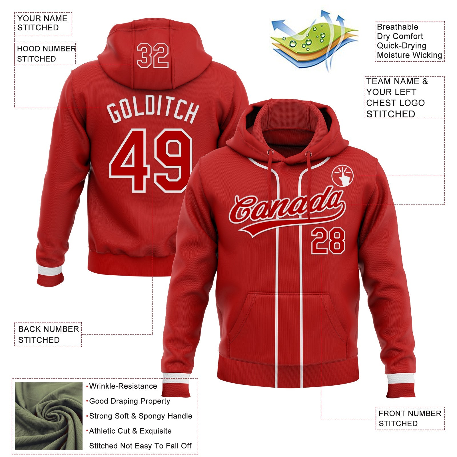 Custom Stitched Red White Baseball Pullover Sweatshirt Hoodie