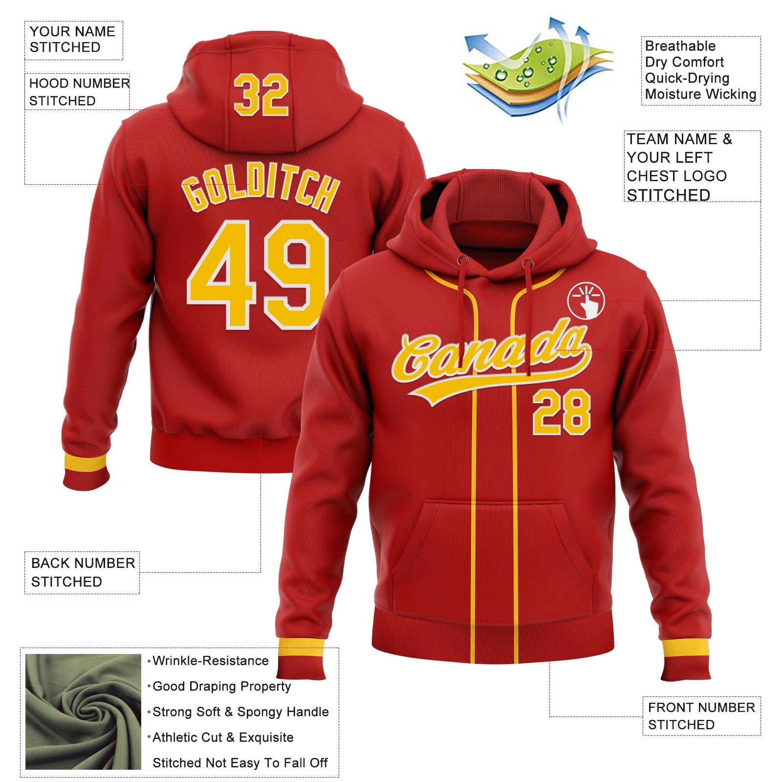 Custom Stitched Red Yellow-White Baseball Pullover Sweatshirt Hoodie