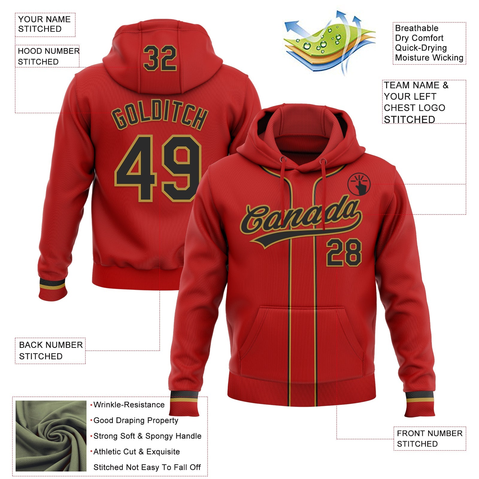 Custom Stitched Red Black-Old Gold Baseball Pullover Sweatshirt Hoodie