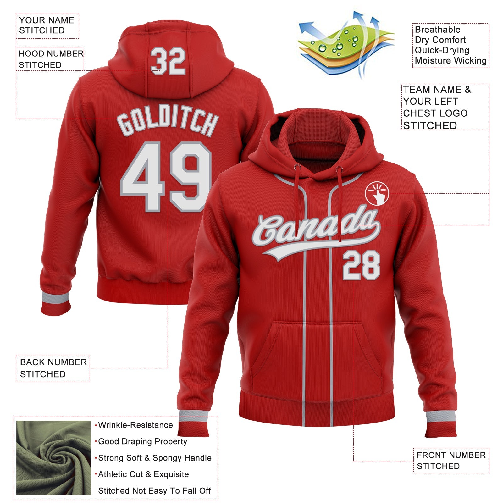 Custom Stitched Red White-Gray Baseball Pullover Sweatshirt Hoodie