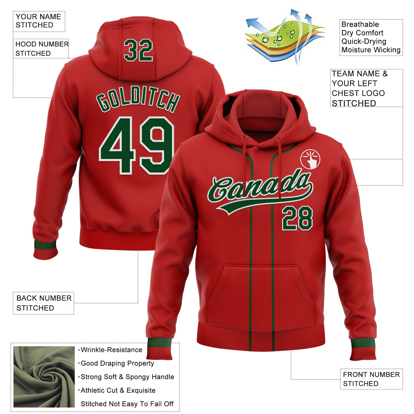 Custom Stitched Red Green-White Baseball Pullover Sweatshirt Hoodie