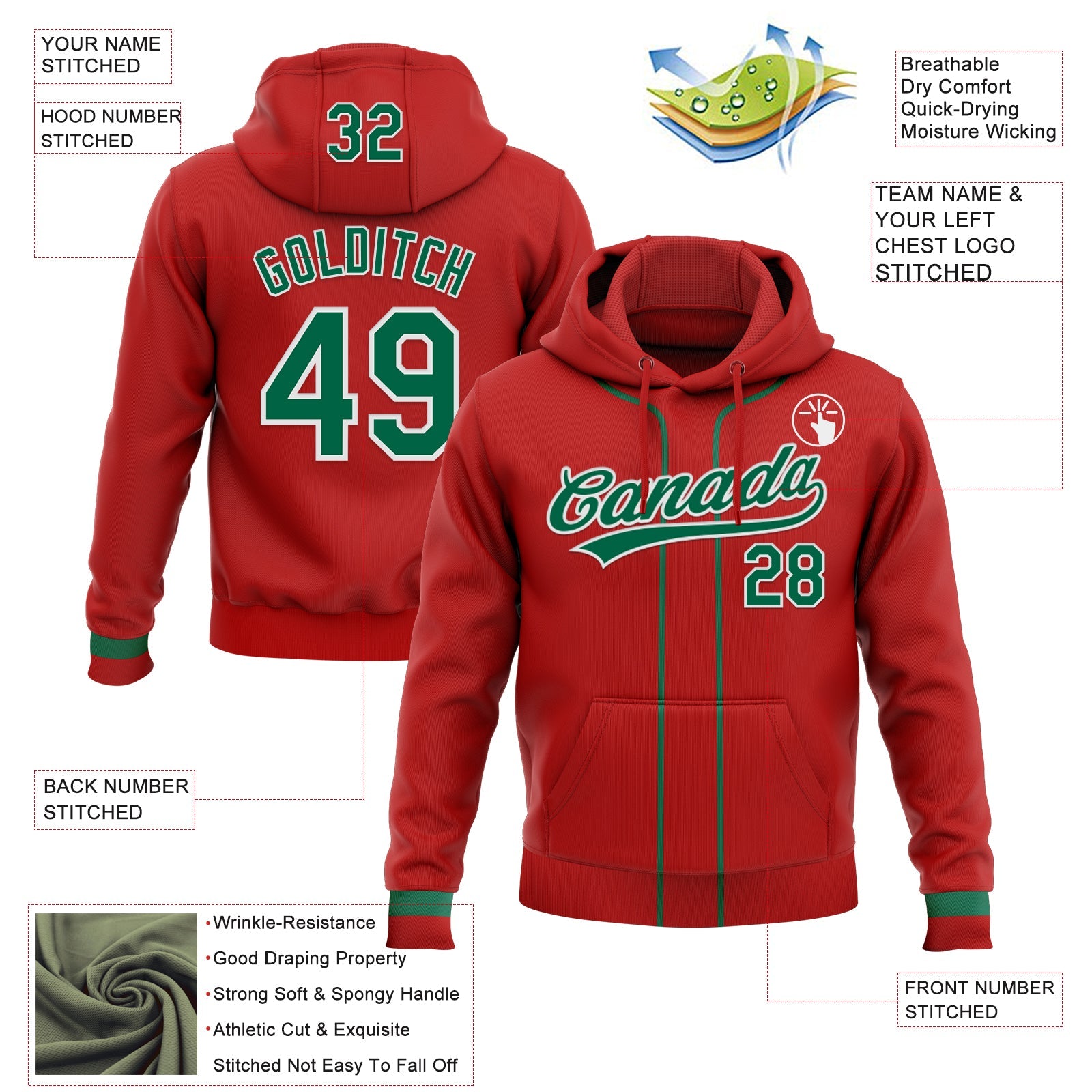 Custom Stitched Red Kelly Green-White Baseball Pullover Sweatshirt Hoodie