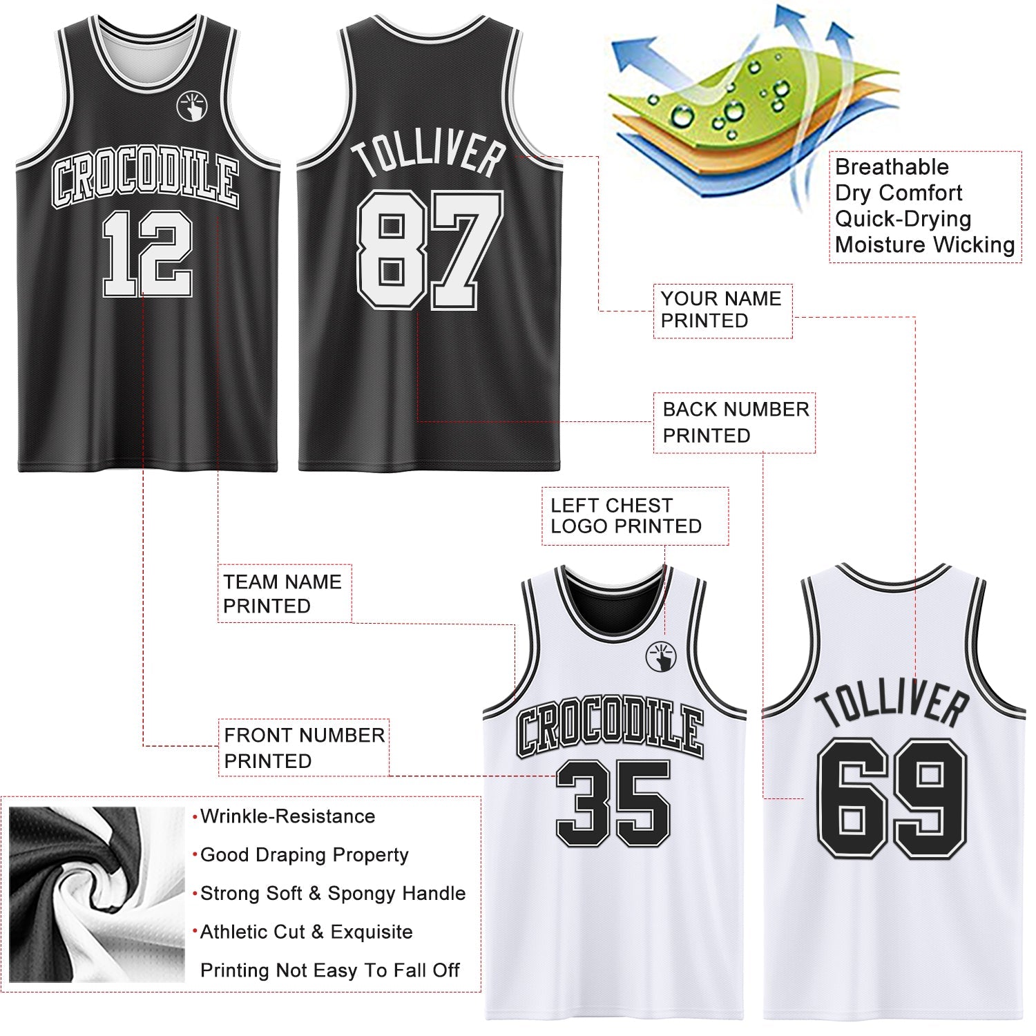 Custom Reversible Black White Double Side Sublimation Basketball Suit Jersey