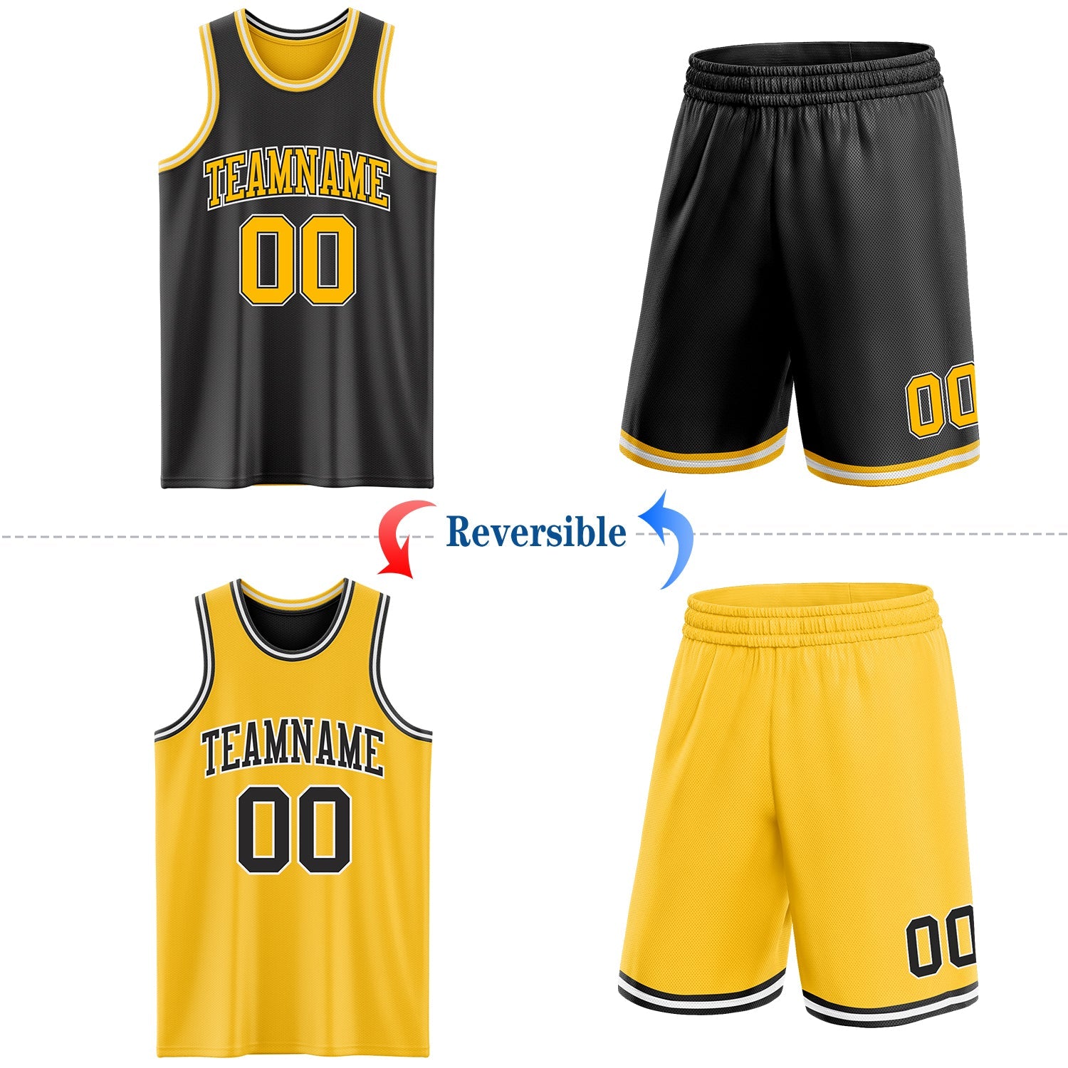 Custom Reversible Black Gold-White Double Side Sublimation Basketball Suit Jersey