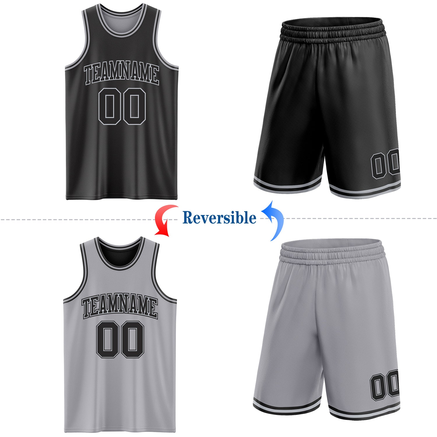 Custom Reversible Black Gray Double Side Sublimation Basketball Suit Jersey