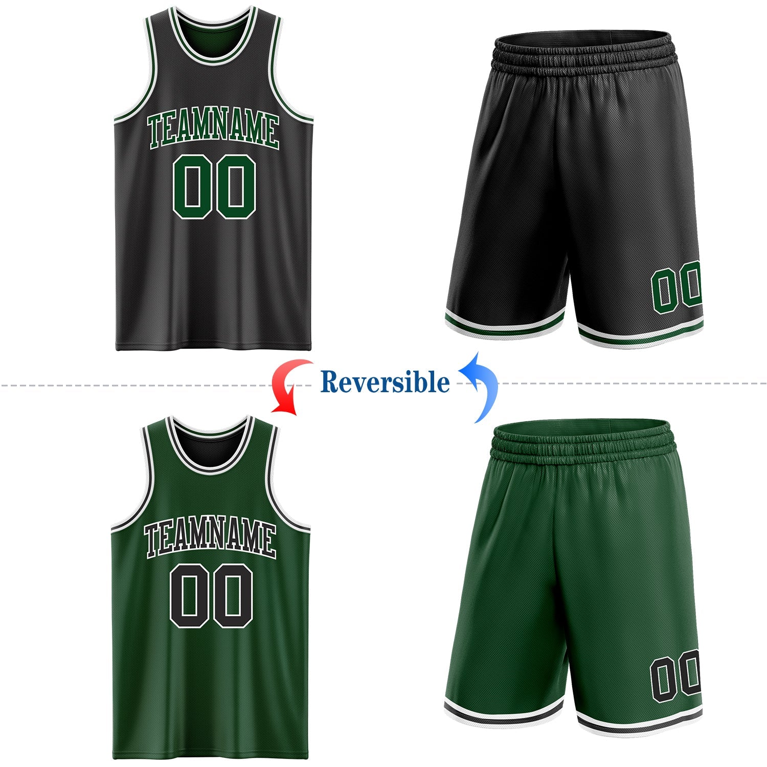 Custom Reversible Black Green-White Double Side Sublimation Basketball Suit Jersey