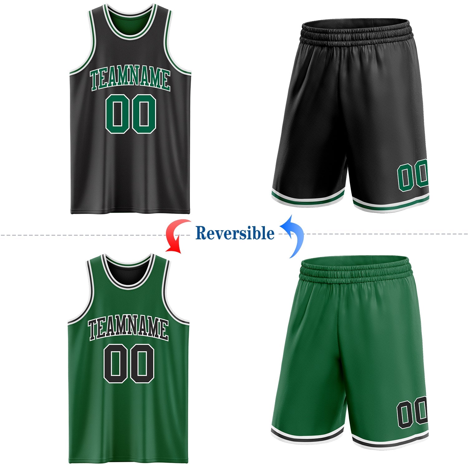 Custom Reversible Black Kelly Green-White Double Side Sublimation Basketball Suit Jersey