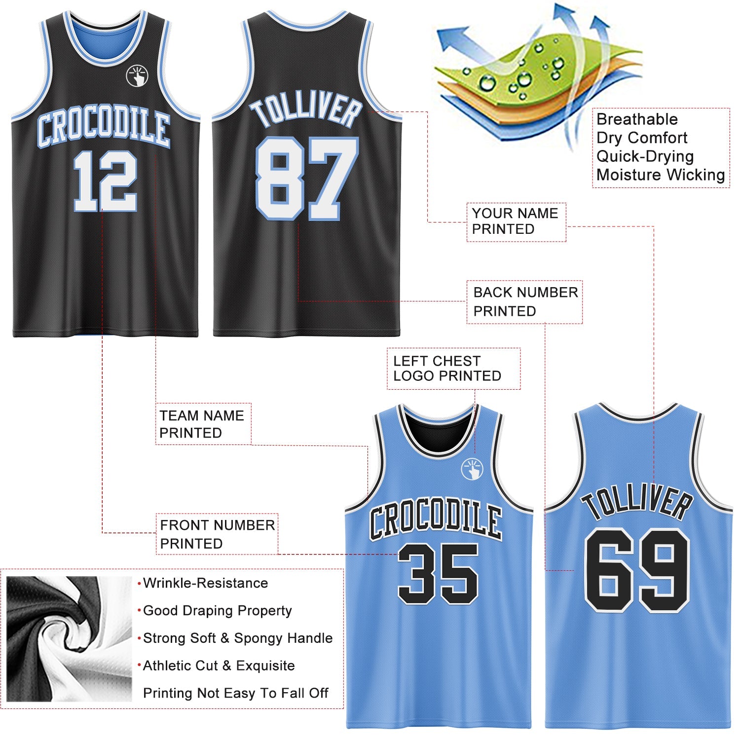 Custom Reversible Black White-Light Blue Double Side Sublimation Basketball Suit Jersey
