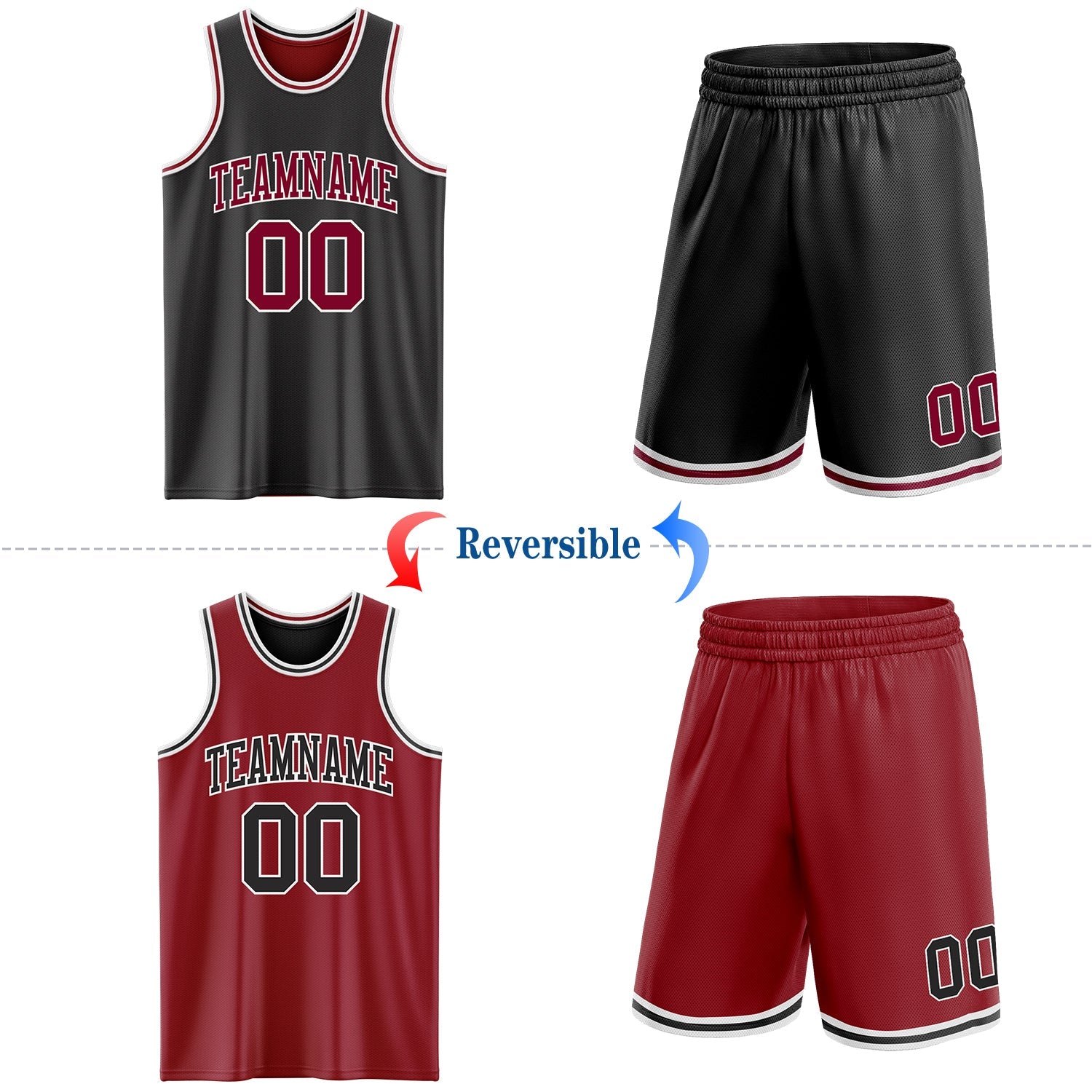 Custom Reversible Black Maroon-White Double Side Sublimation Basketball Suit Jersey