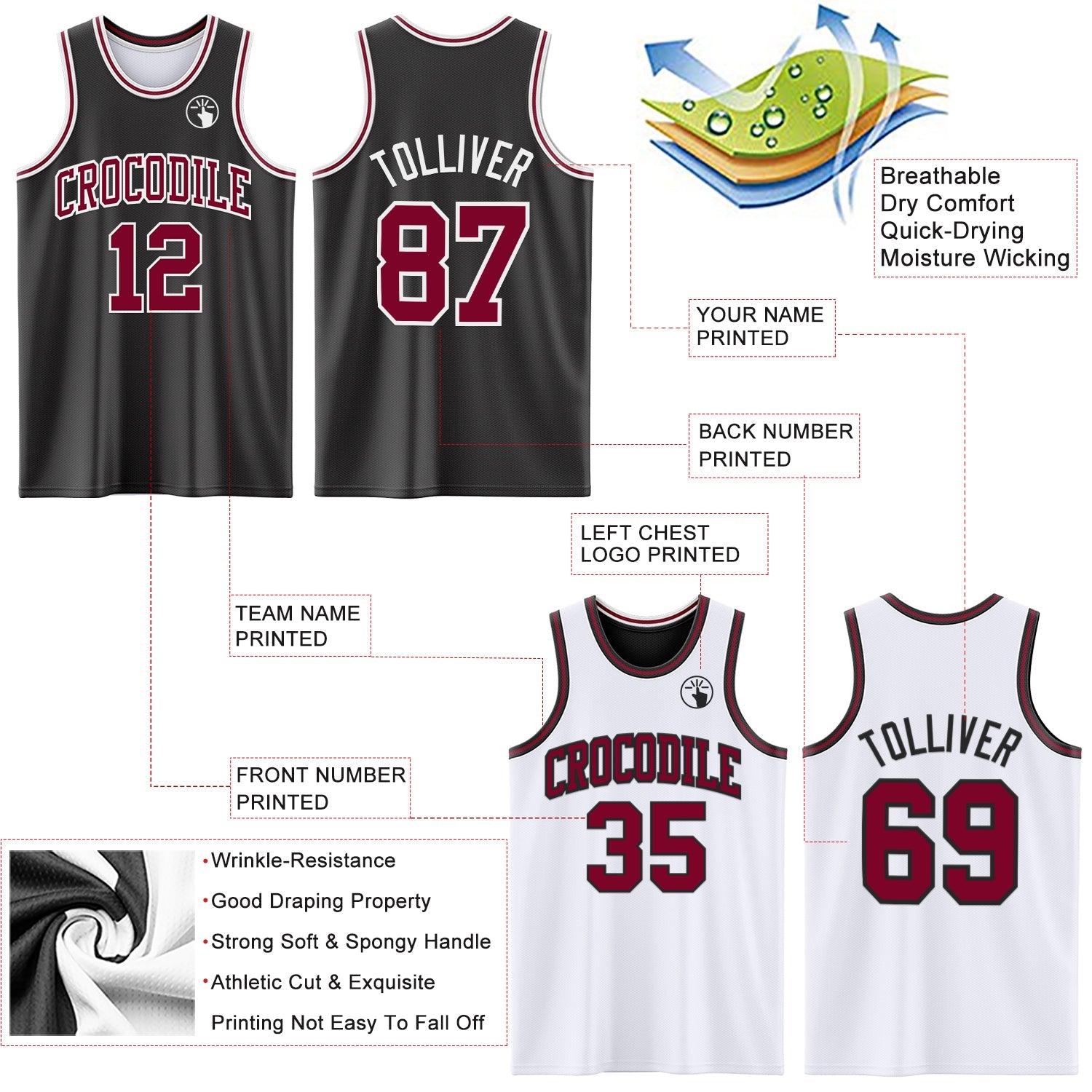 Custom Reversible Black Maroon-White Double Side Sublimation Basketball Suit Jersey