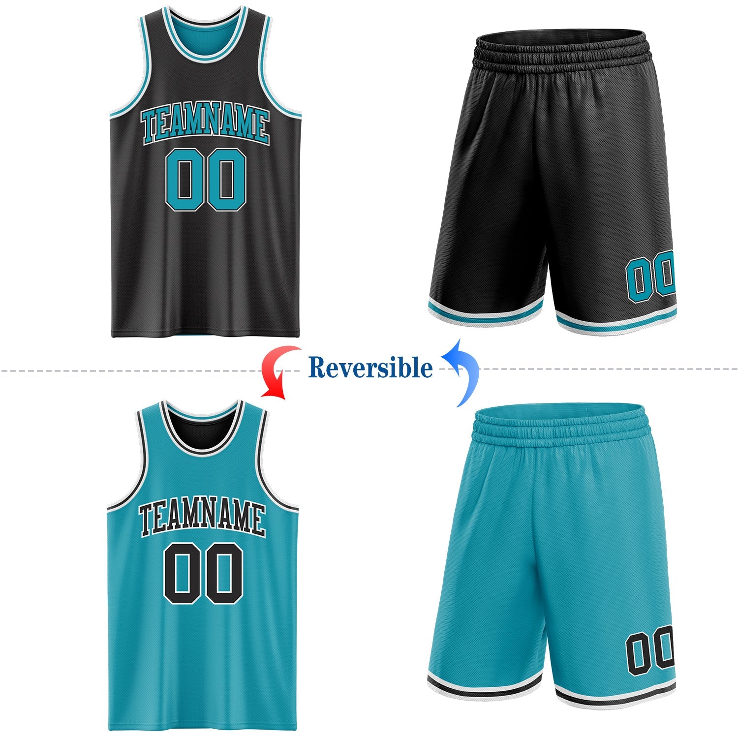 Custom Reversible Black Teal-White Double Side Sublimation Basketball Suit Jersey