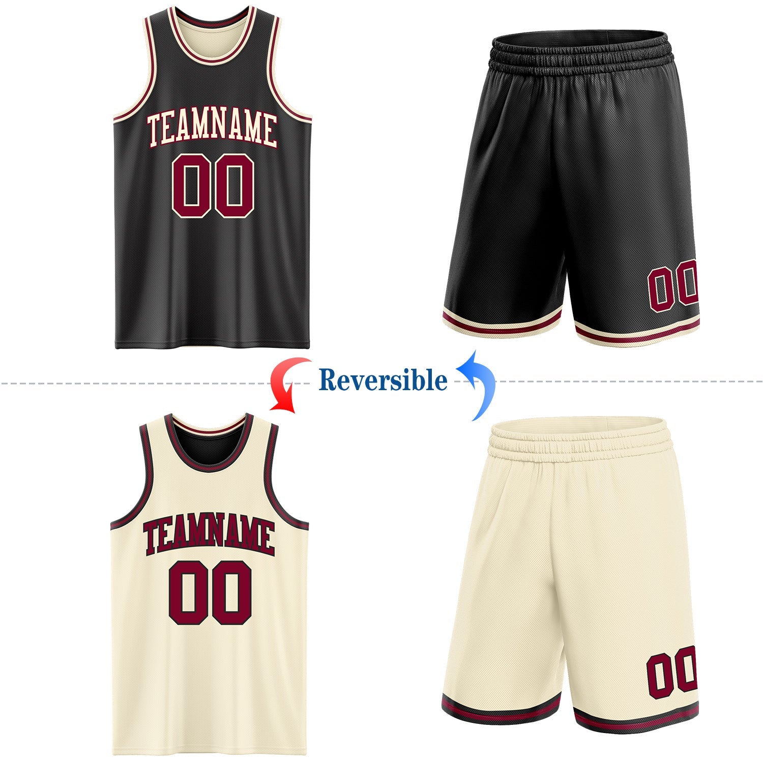 Custom Reversible Black Maroon-Cream Double Side Sublimation Basketball Suit Jersey