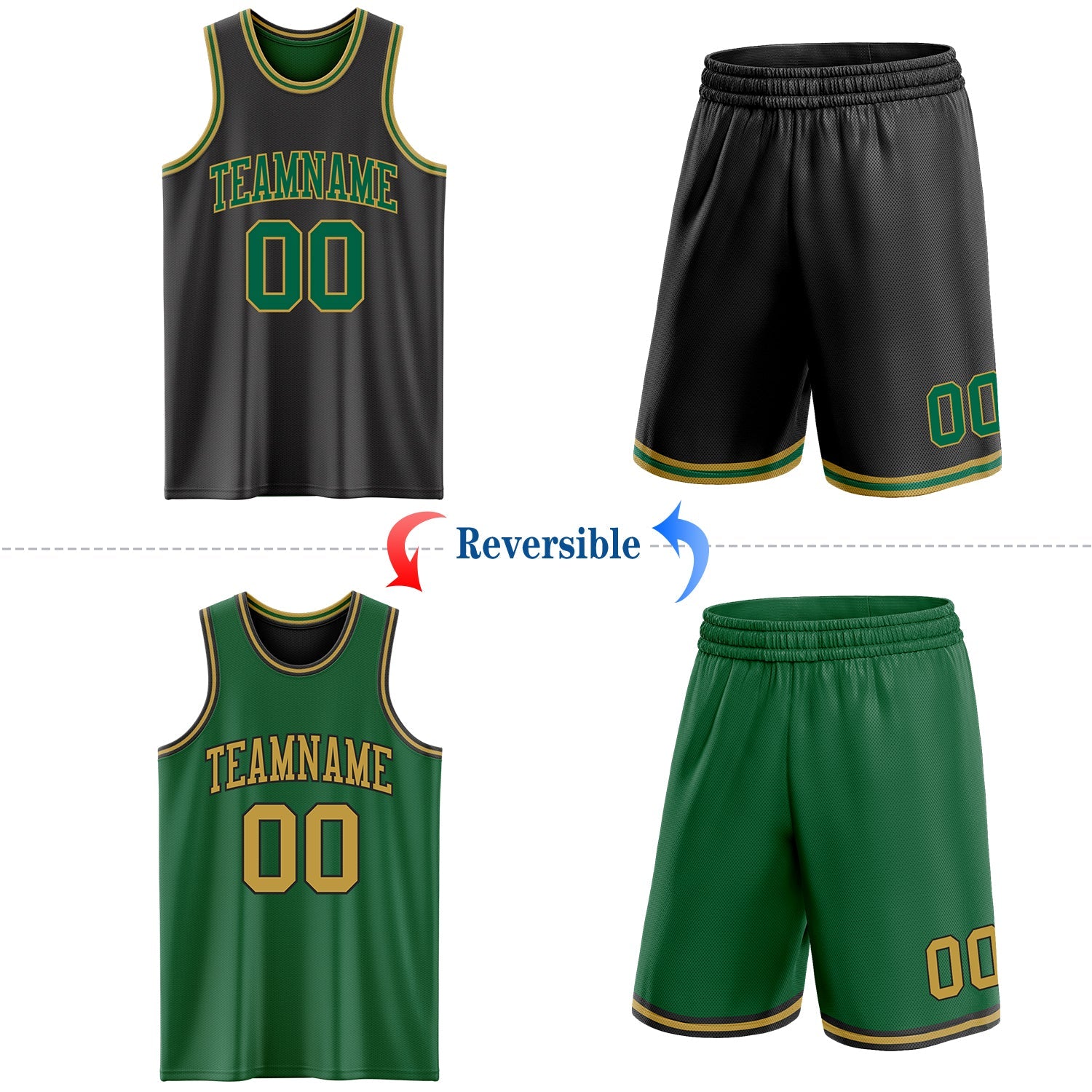 Custom Reversible Black Kelly Green-Old Gold Double Side Sublimation Basketball Suit Jersey