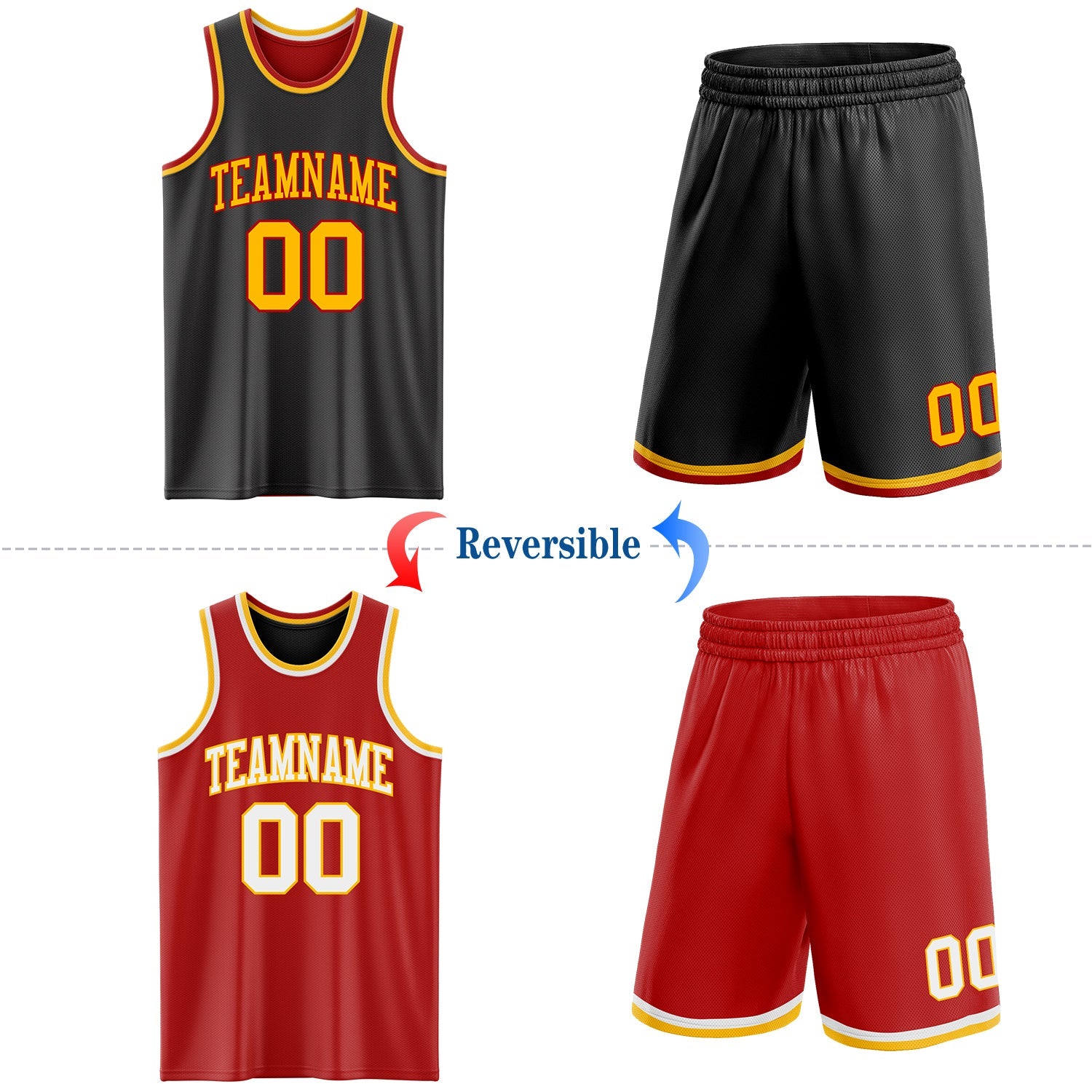 Custom Reversible Black Gold-Red Double Side Sublimation Basketball Suit Jersey