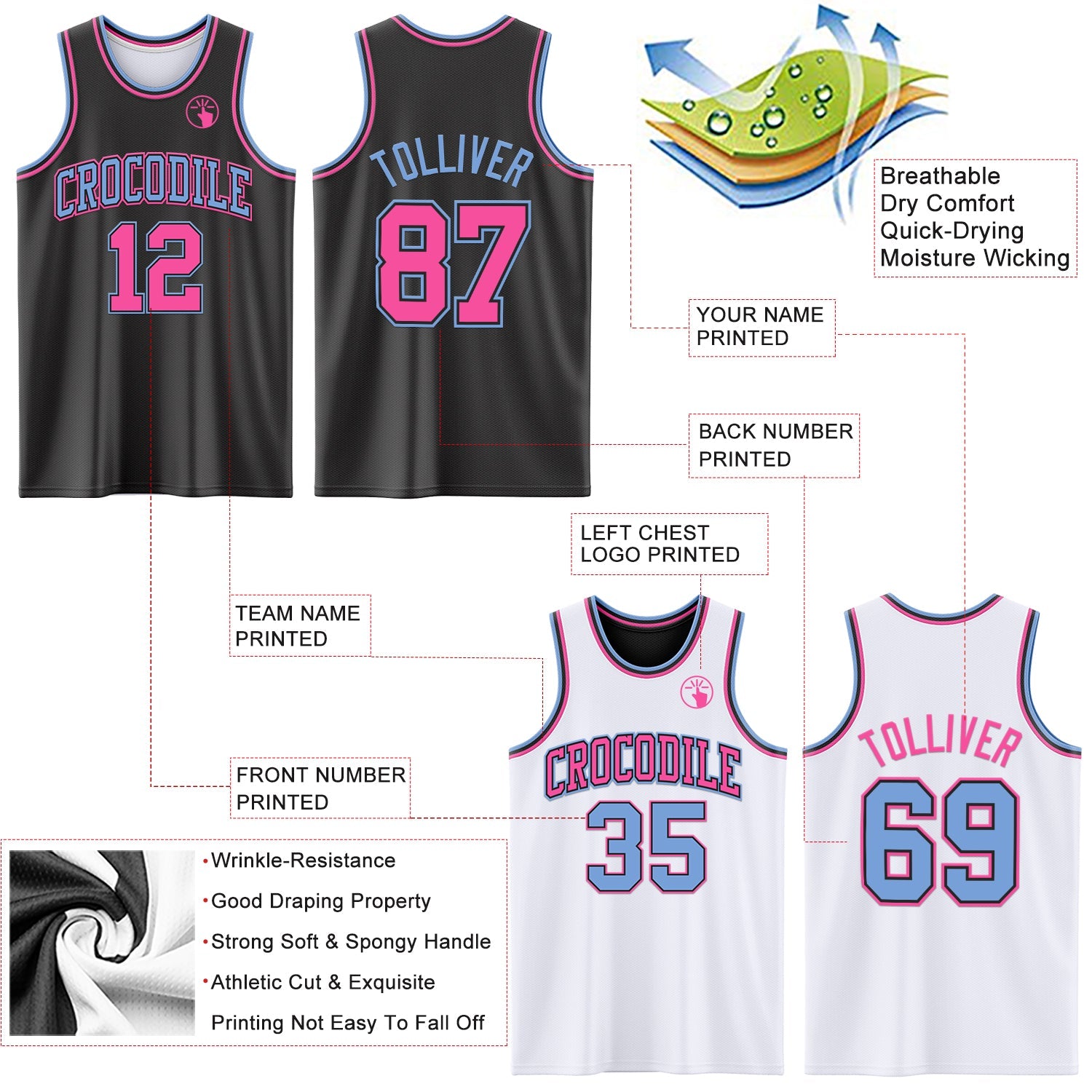 Custom Reversible Black Pink-Light Blue Double Side Sublimation Basketball Suit Jersey