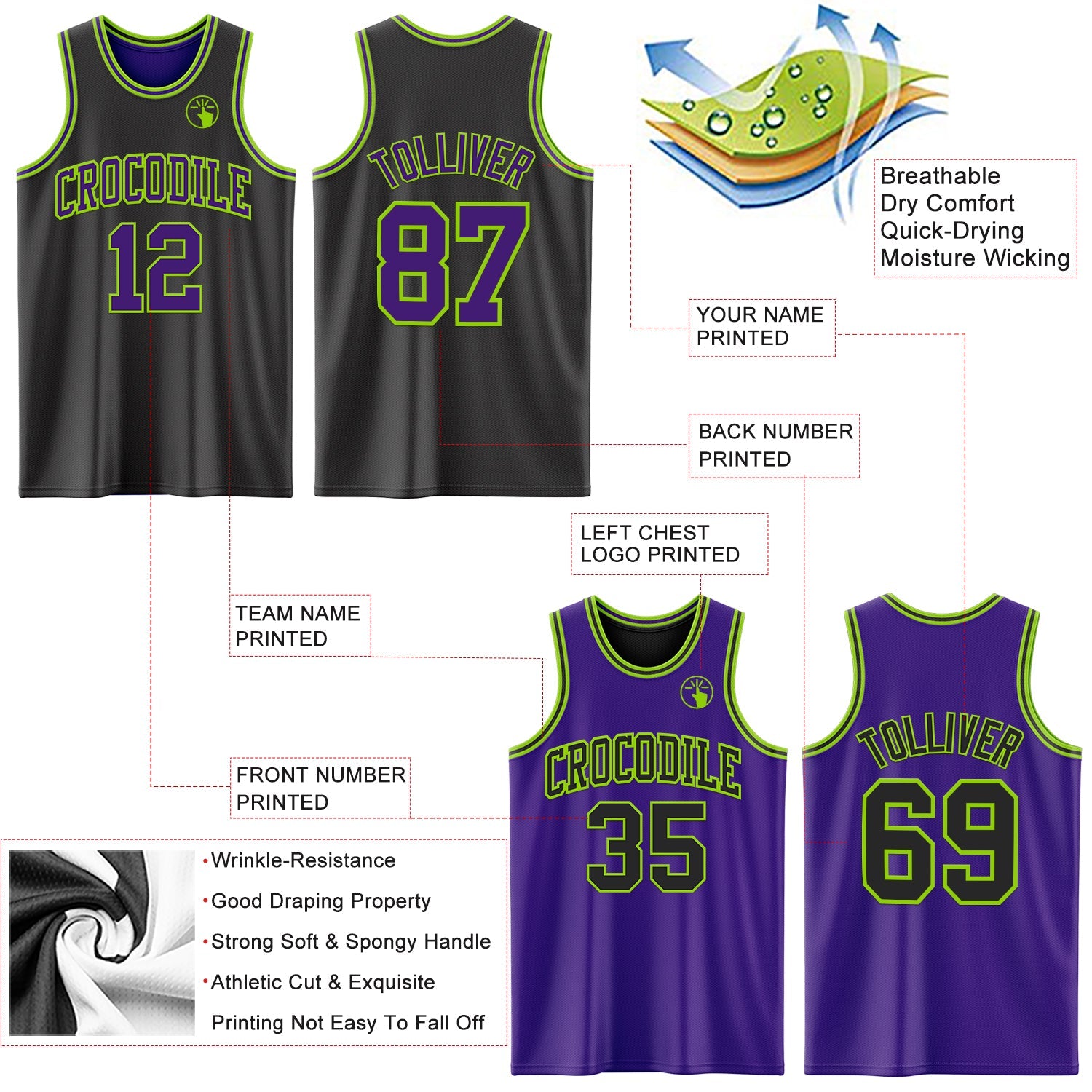 Custom Reversible Black Purple-Neon Green Double Side Sublimation Basketball Suit Jersey