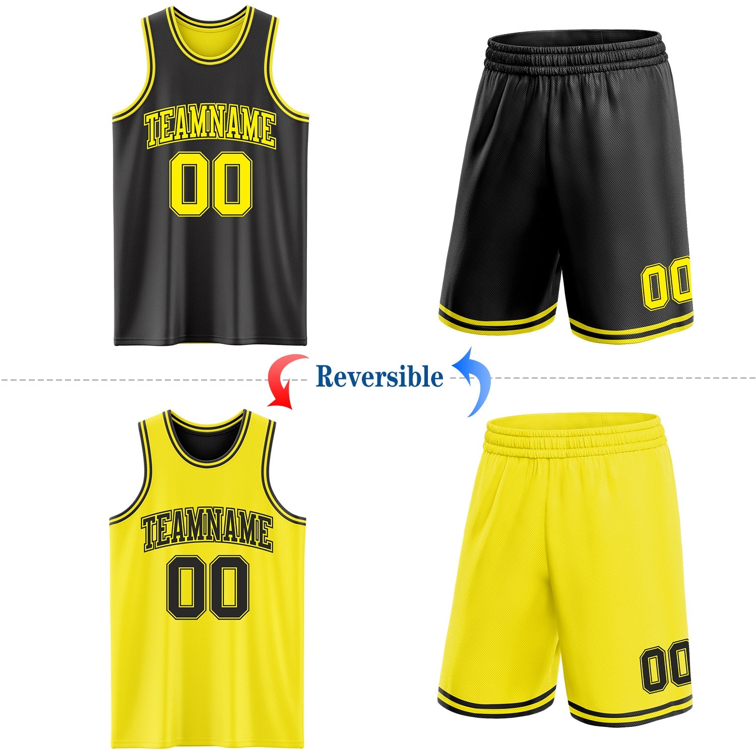 Custom Reversible Black Light Yellow Double Side Sublimation Basketball Suit Jersey