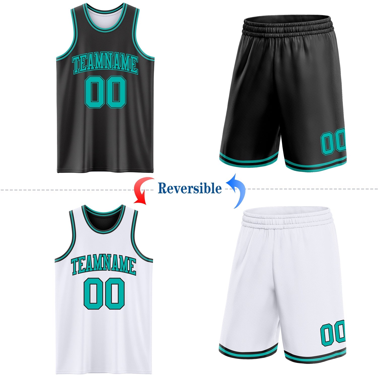 Custom Reversible Black Aqua Double Side Sublimation Basketball Suit Jersey
